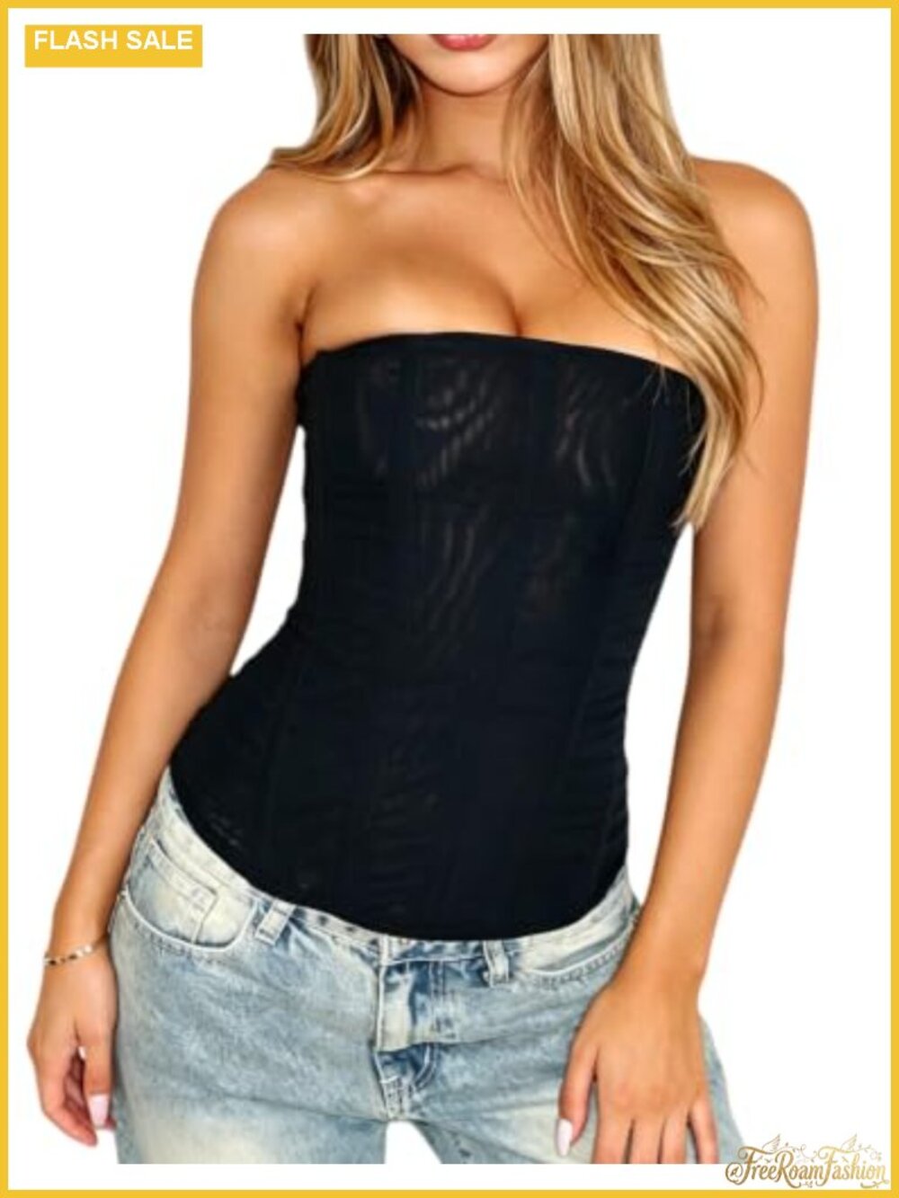 Women Mesh Strapless Bustier Boned Overbust Corset Top